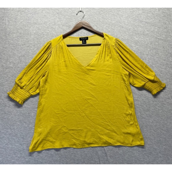 Rachel Zoe Tops - Rachel Zoe Blouse Top Womens Large Mustard Yellow 3/4 Puff Sleeve Smocked Cuff
